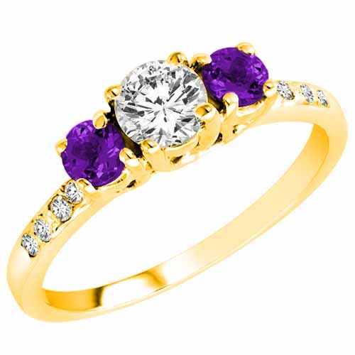 18K Yellow Gold Round 3 Stone Diamond and Amethyst Engagement Ring With Pave Set Shank (1.00 cttw)