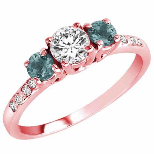 14K Rose Gold Round 3 Stone Diamond and Aquamarine Engagement Ring With Pave Set Shank (1.00 cttw)