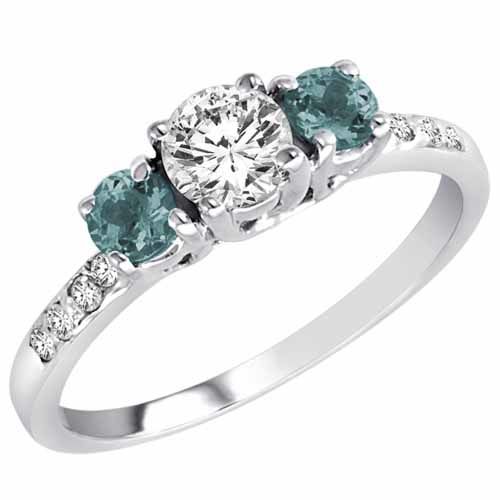 18K White Gold Round 3 Stone Diamond and Aquamarine Engagement Ring With Pave Set Shank (1.00 cttw)