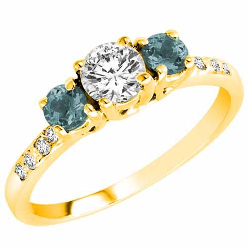 18K Yellow Gold Round 3 Stone Diamond and Aquamarine Engagement Ring With Pave Set Shank (1.00 cttw)