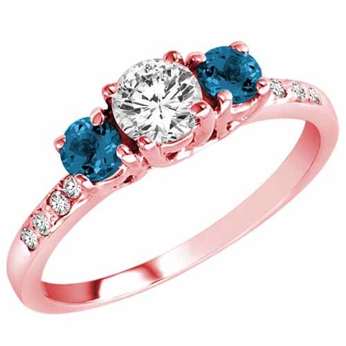 10K Rose Gold 3 Stone Diamond and Blue Diamond Accented Engagement Ring With Pave Set Shank (1 cttw)