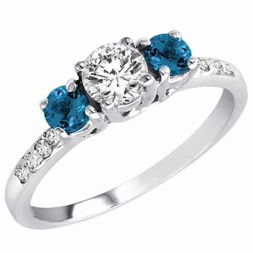 18K White Gold 3 Stone Diamond and Blue Diamond Accented Engagement Ring With Pave Set Shank (1 cttw)