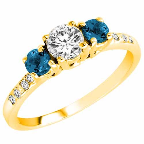 10K Yellow Gold 3 Stone Diamond and Blue Diamond Accented Engagement Ring With Pave Set Shank (1 cttw)