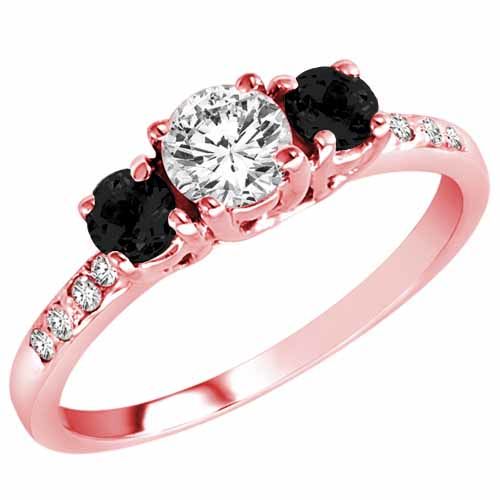 10K Rose Gold Round 3 Stone Diamond and Black Diamond Engagement Ring With Pave Set Shank (1.00 cttw)