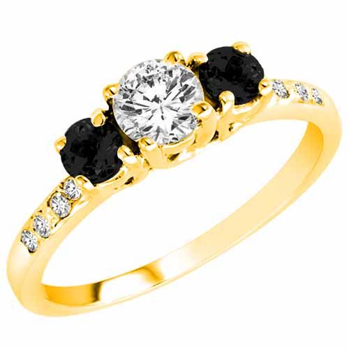 10K Yellow Gold Round 3 Stone Diamond and Black Diamond Engagement Ring With Pave Set Shank (1.00 cttw)