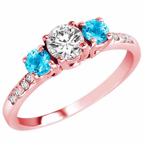 10K Rose Gold Round 3 Stone Diamond and Blue Topaz Engagement Ring With Pave Set Shank (1.00 cttw)