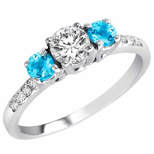 14K White Gold Round 3 Stone Diamond and Blue Topaz Engagement Ring With Pave Set Shank (1.00 cttw)