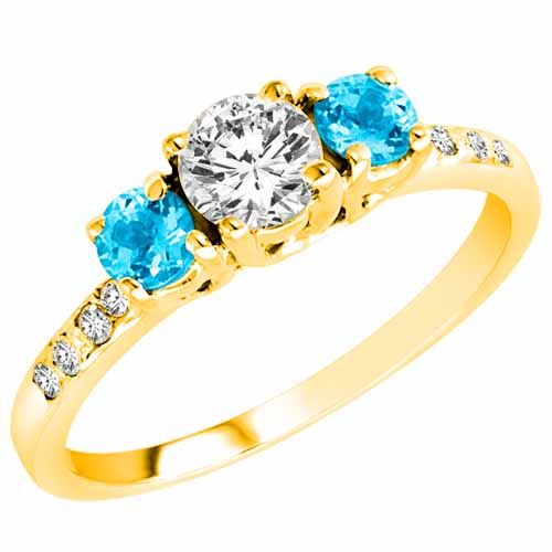 18K Yellow Gold Round 3 Stone Diamond and Blue Topaz Engagement Ring With Pave Set Shank (1.00 cttw)