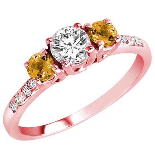 18K Rose Gold Round 3 Stone Diamond and Citrine Engagement Ring With Pave Set Shank (1.00 cttw)