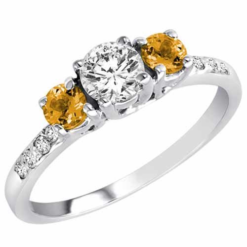 14K White Gold Round 3 Stone Diamond and Citrine Engagement Ring With Pave Set Shank (1.00 cttw)