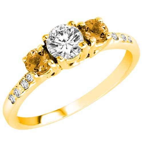 18K Yellow Gold Round 3 Stone Diamond and Citrine Engagement Ring With Pave Set Shank (1.00 cttw)
