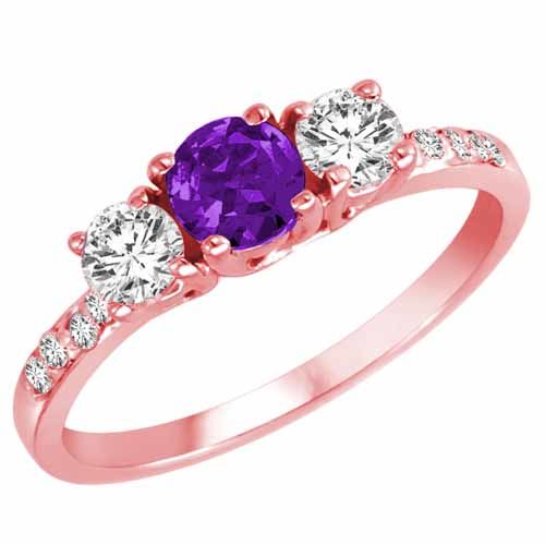 14K Rose Gold Round 3 Stone Diamond and Amethyst Engagement Ring With Pave Set Shank (1.00 cttw)
