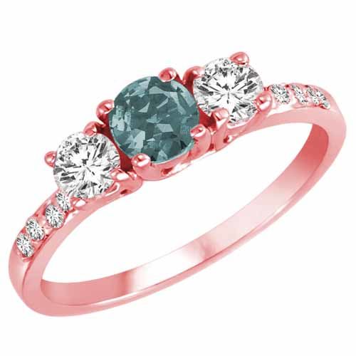 14K Rose Gold Round 3 Stone Diamond and Aquamarine Engagement Ring With Pave Set Shank (1.00 cttw)