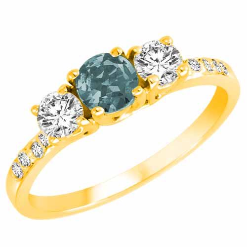 18K Yellow Gold Round 3 Stone Diamond and Aquamarine Engagement Ring With Pave Set Shank (1.00 cttw)