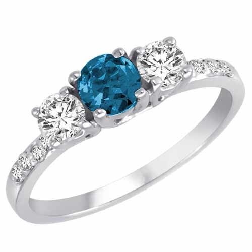18K White Gold 3 Stone Blue Diamond and White Diamond Engagement Ring With Pave Set Shank (1 cttw)