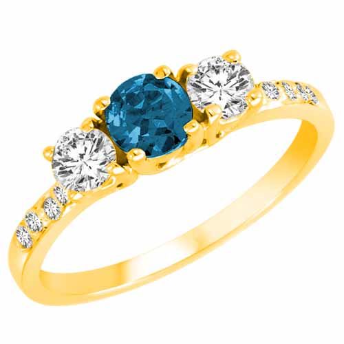 14K Yellow Gold 3 Stone Blue Diamond and White Diamond Engagement Ring With Pave Set Shank (1 cttw)