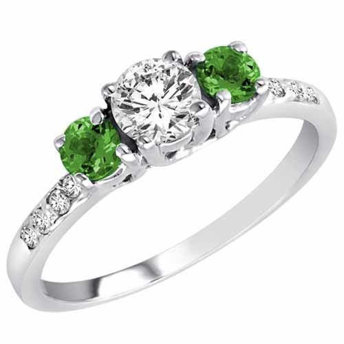 18K White Gold Round 3 Stone Diamond and Emerald Engagement Ring With Pave Set Shank (1.00 cttw)