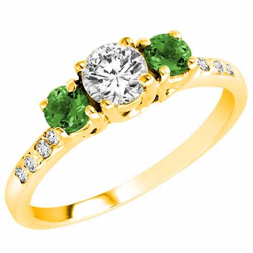 18K Yellow Gold Round 3 Stone Diamond and Emerald Engagement Ring With Pave Set Shank (1.00 cttw)