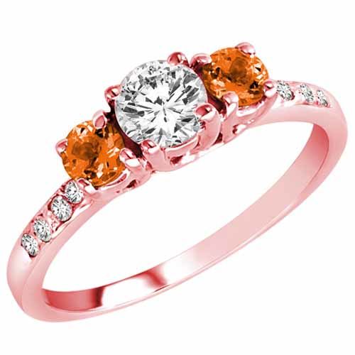 10K Rose Gold Round 3 Stone Diamond and Fire Opal Engagement Ring With Pave Set Shank (1.00 cttw)