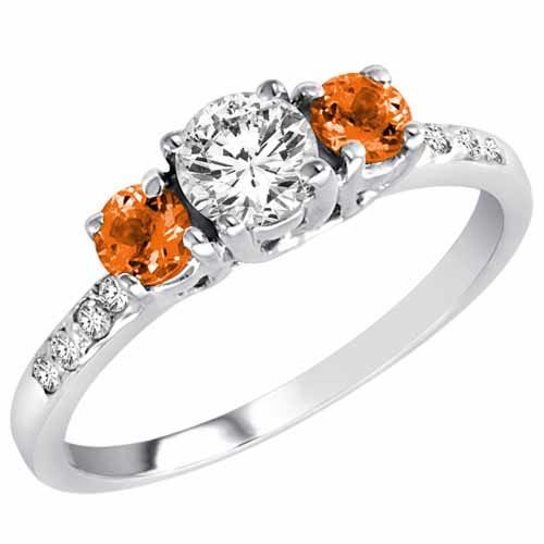 18K White Gold Round 3 Stone Diamond and Fire Opal Engagement Ring With Pave Set Shank (1.00 cttw)