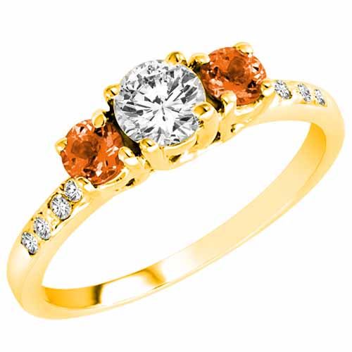 14K Yellow Gold Round 3 Stone Diamond and Fire Opal Engagement Ring With Pave Set Shank (1.00 cttw)