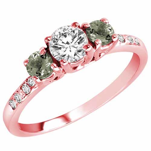 10K Rose Gold Round 3 Stone Diamond and Green Amethyst Engagement Ring With Pave Set Shank (1.00 cttw)