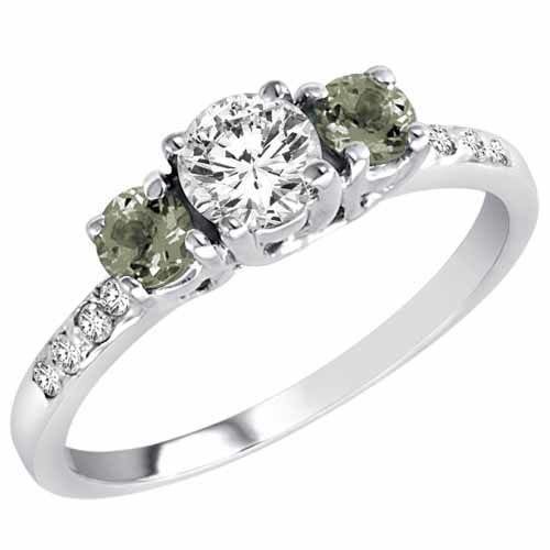 Sterling Silver Round 3 Stone Diamond and Green Amethyst Engagement Ring With Pave Set Shank (1.00 cttw)
