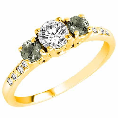 10K Yellow Gold Round 3 Stone Diamond and Green Amethyst Engagement Ring With Pave Set Shank (1.00 cttw)