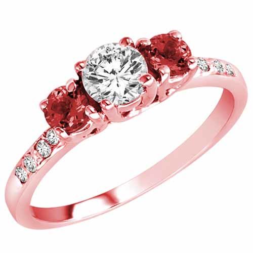 18K Rose Gold Round 3 Stone Diamond and Garnet Engagement Ring With Pave Set Shank (1.00 cttw)