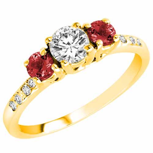 18K Yellow Gold Round 3 Stone Diamond and Garnet Engagement Ring With Pave Set Shank (1.00 cttw)