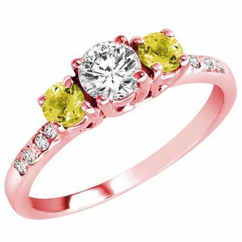 14K Rose Gold Round 3 Stone Diamond and Lemon Quartz Engagement Ring With Pave Set Shank (1.00 cttw)