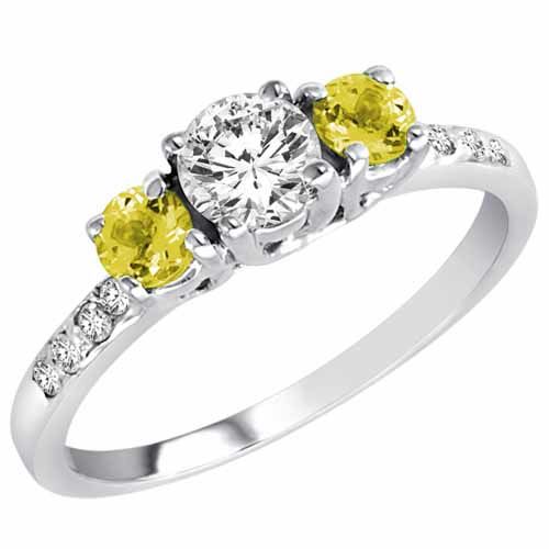 14K White Gold Round 3 Stone Diamond and Lemon Quartz Engagement Ring With Pave Set Shank (1.00 cttw)