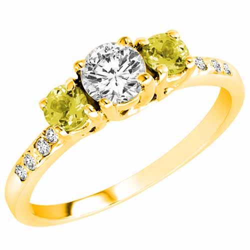 18K Yellow Gold Round 3 Stone Diamond and Lemon Quartz Engagement Ring With Pave Set Shank (1.00 cttw)
