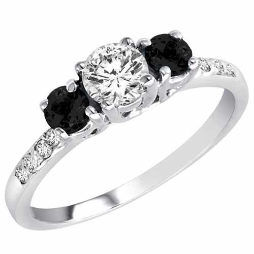 10K White Gold Round 3 Stone Diamond and Onyx Engagement Ring With Pave Set Shank (1.00 cttw)