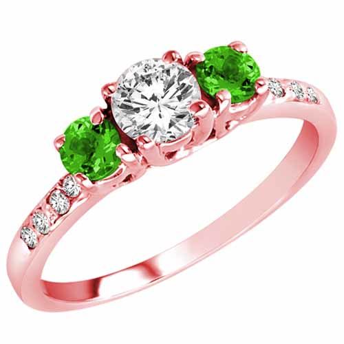 10K Rose Gold Round 3 Stone Diamond and Peridot Engagement Ring With Pave Set Shank (1.00 cttw)