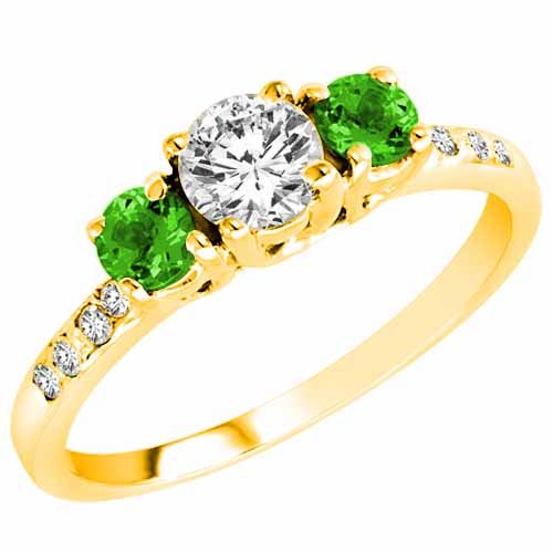 18K Yellow Gold Round 3 Stone Diamond and Peridot Engagement Ring With Pave Set Shank (1.00 cttw)