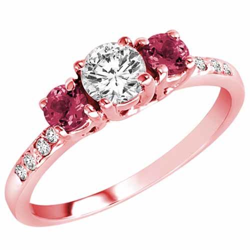 18K Rose Gold Round 3 Stone Diamond and Pink Tourmaline Engagement Ring With Pave Set Shank (1.00 cttw)