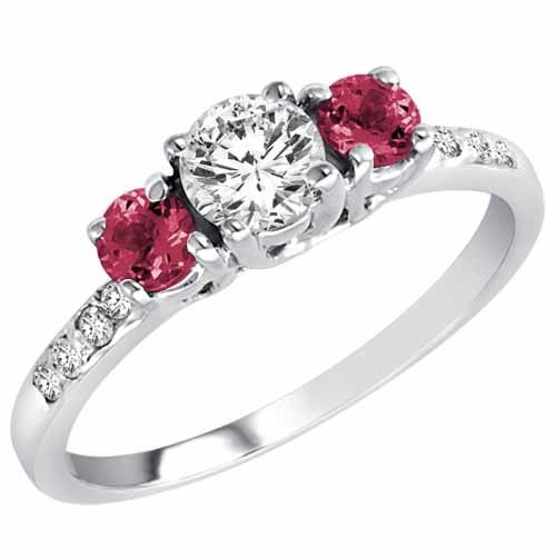 Sterling Silver Round 3 Stone Diamond and Pink Tourmaline Engagement Ring With Pave Set Shank (1.00 cttw)