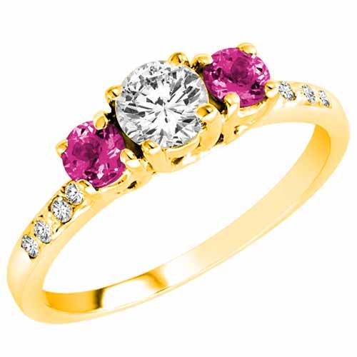 14K Yellow Gold Round 3 Stone Diamond and Pink Sapphire Engagement Ring With Pave Set Shank (1.00 cttw)