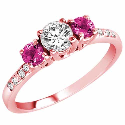 10K Rose Gold Round 3 Stone Diamond and Pink Topaz Engagement Ring With Pave Set Shank (1.00 cttw)