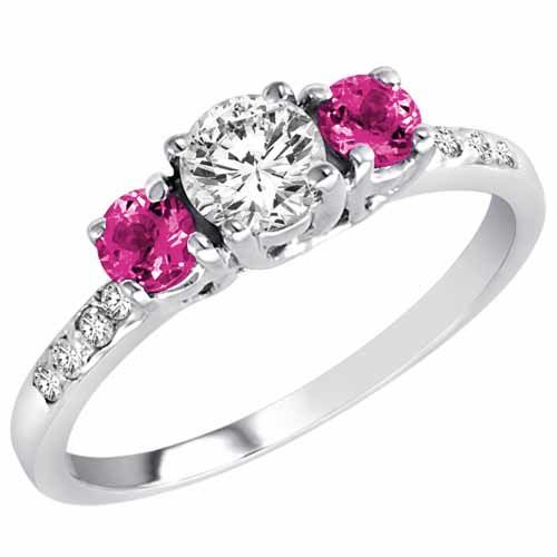 14K White Gold Round 3 Stone Diamond and Pink Topaz Engagement Ring With Pave Set Shank (1.00 cttw)