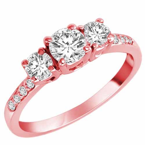 18K Rose Gold 3 Three Stone Round Brilliant Diamond Engagement Ring With Pave Set Shank (1 cttw, F-G/I1)