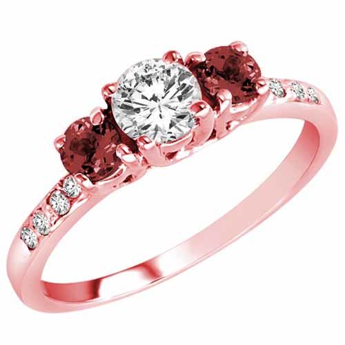 18K Rose Gold Round 3 Stone Diamond and Ruby Engagement Ring With Pave Set Shank (1.00 cttw)