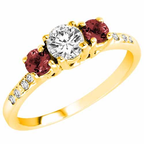 14K Yellow Gold Round 3 Stone Diamond and Ruby Engagement Ring With Pave Set Shank (1.00 cttw)