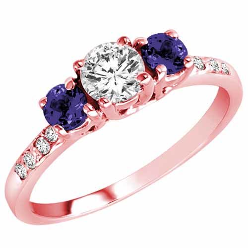 10K Rose Gold Round 3 Stone Diamond and Blue Sapphire Engagement Ring With Pave Set Shank (1.00 cttw)