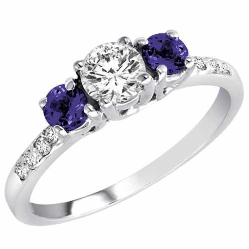 18K White Gold Round 3 Stone Diamond and Blue Sapphire Engagement Ring With Pave Set Shank (1.00 cttw)