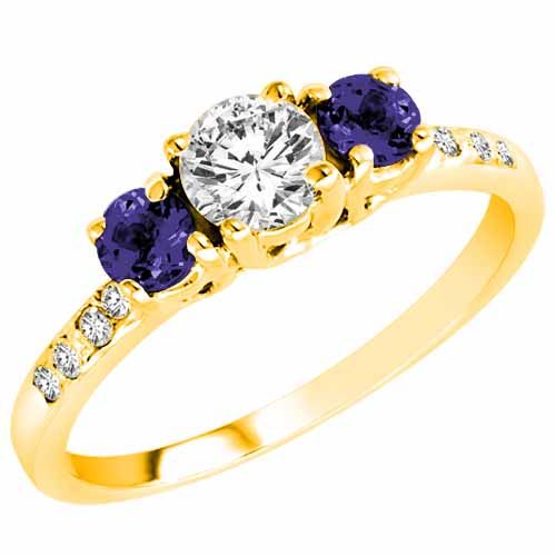 10K Yellow Gold Round 3 Stone Diamond and Blue Sapphire Engagement Ring With Pave Set Shank (1.00 cttw)