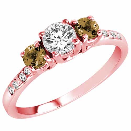18K Rose Gold Round 3 Stone Diamond and Smoky Quartz Engagement Ring With Pave Set Shank (1.00 cttw)