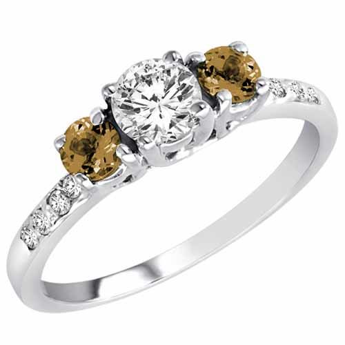 14K White Gold Round 3 Stone Diamond and Smoky Quartz Engagement Ring With Pave Set Shank (1.00 cttw)
