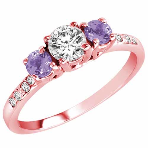18K Rose Gold Round 3 Stone Diamond and Tanzanite Engagement Ring With Pave Set Shank (1.00 cttw)